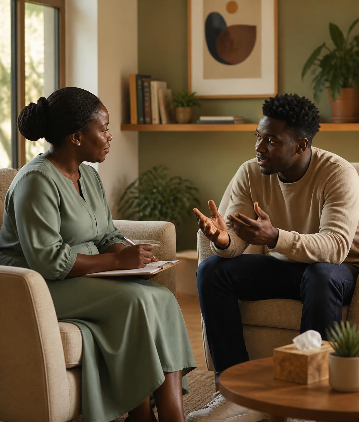 A therapist and client in a warm, softly lit consultation room