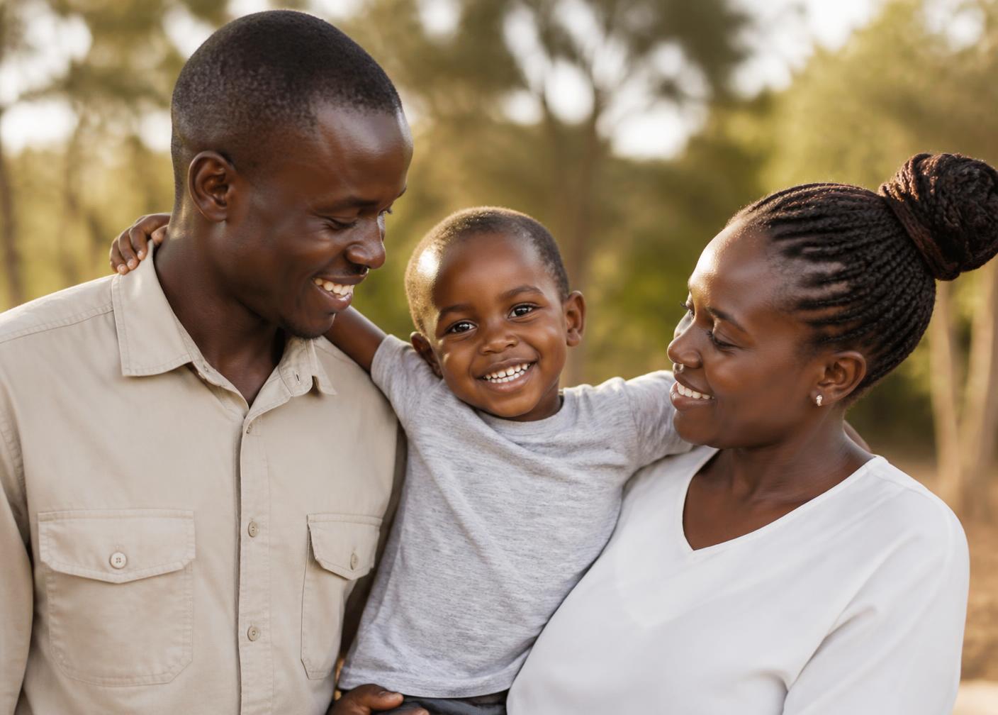 A Kenyan family of three smiling together outdoors in warm afternoon light