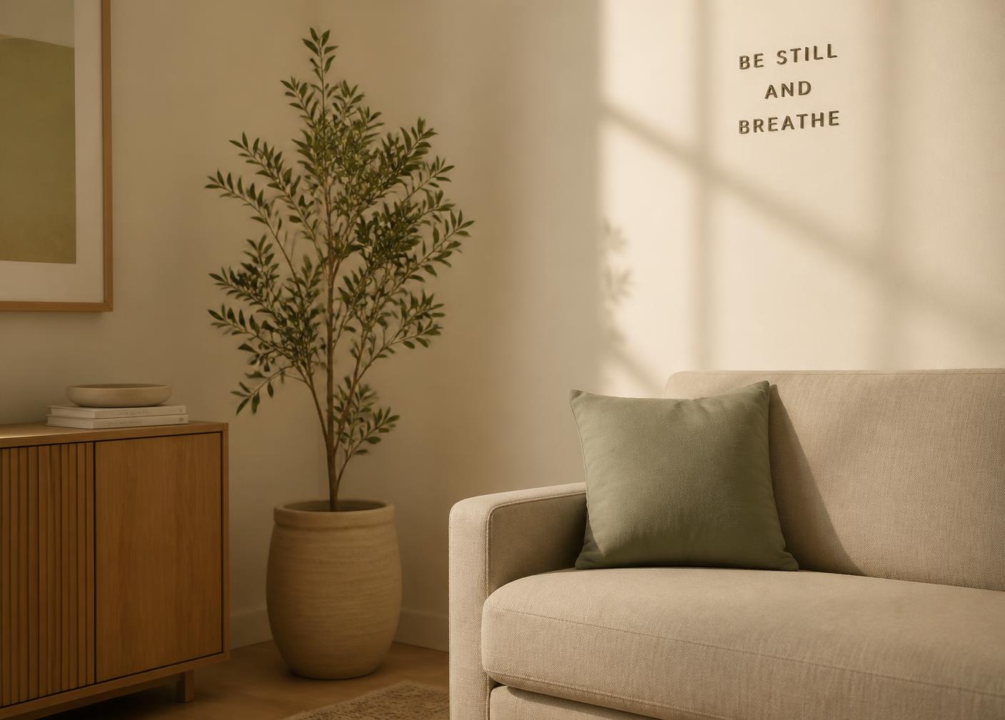 A quiet corner of a warm therapy room with soft light and a plant